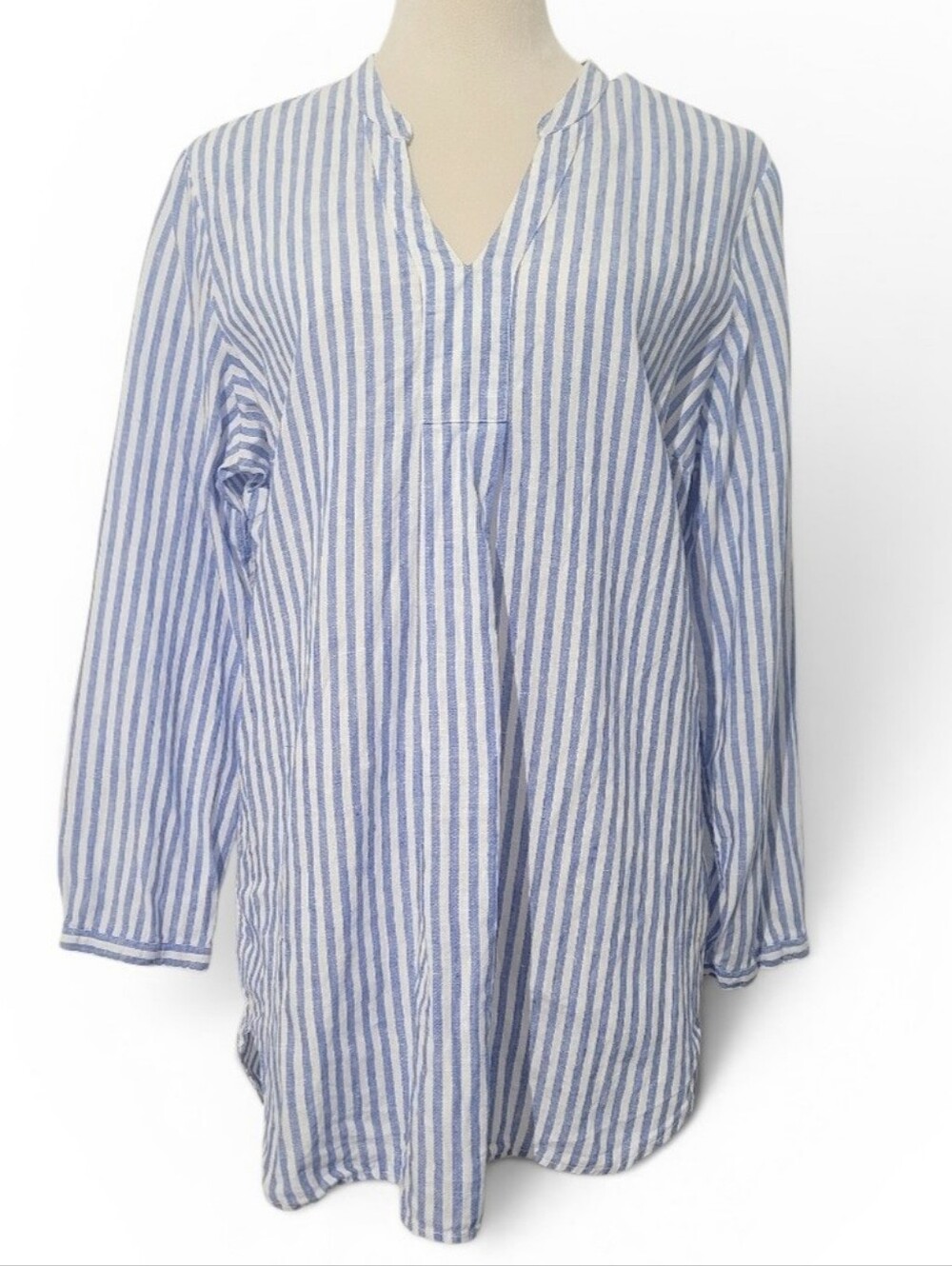 L.L.Bean 100% Linen Woman Tunic Top Medium Blue White Stripe Split Neck Shirt - Picture 2 of 13